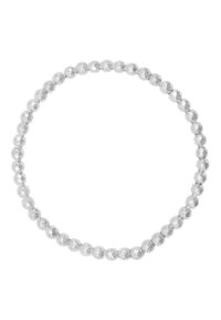 Bracciale d'argento realizzato con perle rotonde e sfaccettate, che riflettono la luce, uniformi in dimensione e forma, creando un design circolare e liscio.