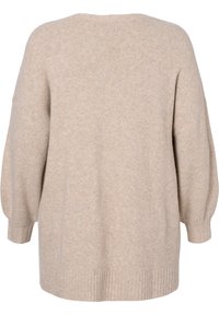 Beżowy sweter dziany o luźnym kroju, okrągłym dekolcie i rękawach balonowych. Posiada ściągacz na dole oraz miękką, teksturowaną tkaninę.