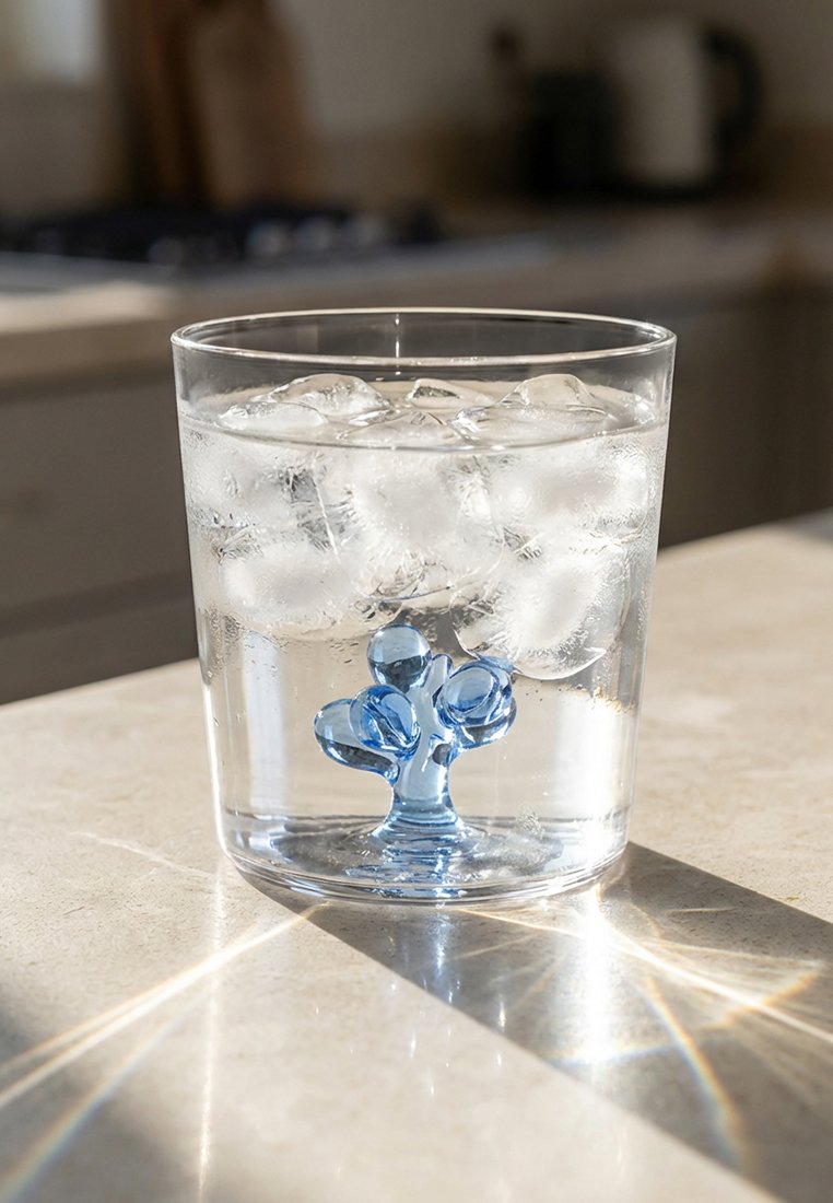 Przezroczysta szklanka wypełniona wodą, kostkami lodu oraz niebieskim szklanym przedmiotem w kształcie kaktusa na dnie, ustawiona na jasnym podłożu.