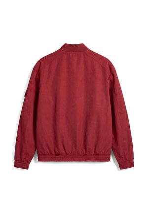 Giacca rossa a maniche lunghe con polsini e fascia elastica in vita, vista posteriore, con una piccola tasca sulla manica sinistra.