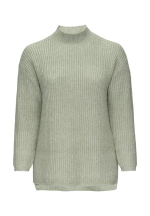 Helle grüne Strickjacke mit hohem Kragen, langen Ärmeln und lockerer Passform. Verfügt über ein strukturiertes Muster und seitliche Schlitze am Saum.