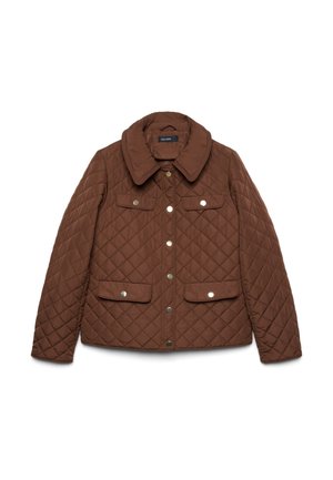 Brown quilted jacket with a wide collar, snap buttons down the front, two chest pockets, and two lower flap pockets.