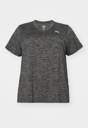 Dunkelgraues kurzärmeliges Sport-T-Shirt mit Rundhalsausschnitt, dezentem Melange-Muster und kleinem Logo auf der linken Brust.