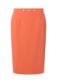 Oranje kokerrok van gladde stof, voorzien van drie decoratieve parelknopen bij de taille en twee voorzakken.