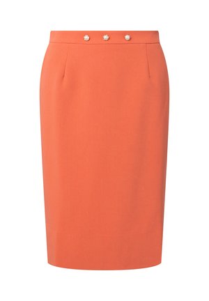 Oranžová sukňa z hladkej látky, ktorá má tri ozdobné perlové gombíky v páse a dve predné vrecká.