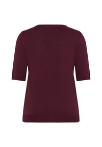 Top de punto burdeos de manga corta con cuello redondo y bajo recto. Textura suave, diseño simple y clásico, sin adornos visibles.