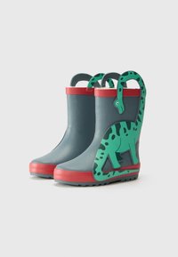 Šedé gumové holínky s červeným lemováním, na boku s designem zeleného dinosaura a bočními úchyty pro snadné obutí. Texturovaná podrážka pro lepší přilnavost.