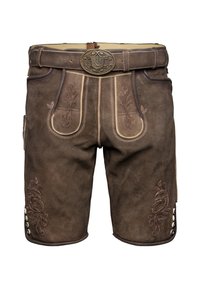Braune Lederhosen mit dekorativer Blumenstickerei, kontrastierenden Nähten und einer metallischen Gürtelschnalle. Verfügt über seitliche Knöpfe und Taschen.