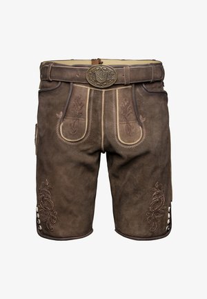 Shorts en cuir marron avec broderies florales décoratives, couture contrastante et boucle de ceinture en métal. Comprend des boutons latéraux et des poches.