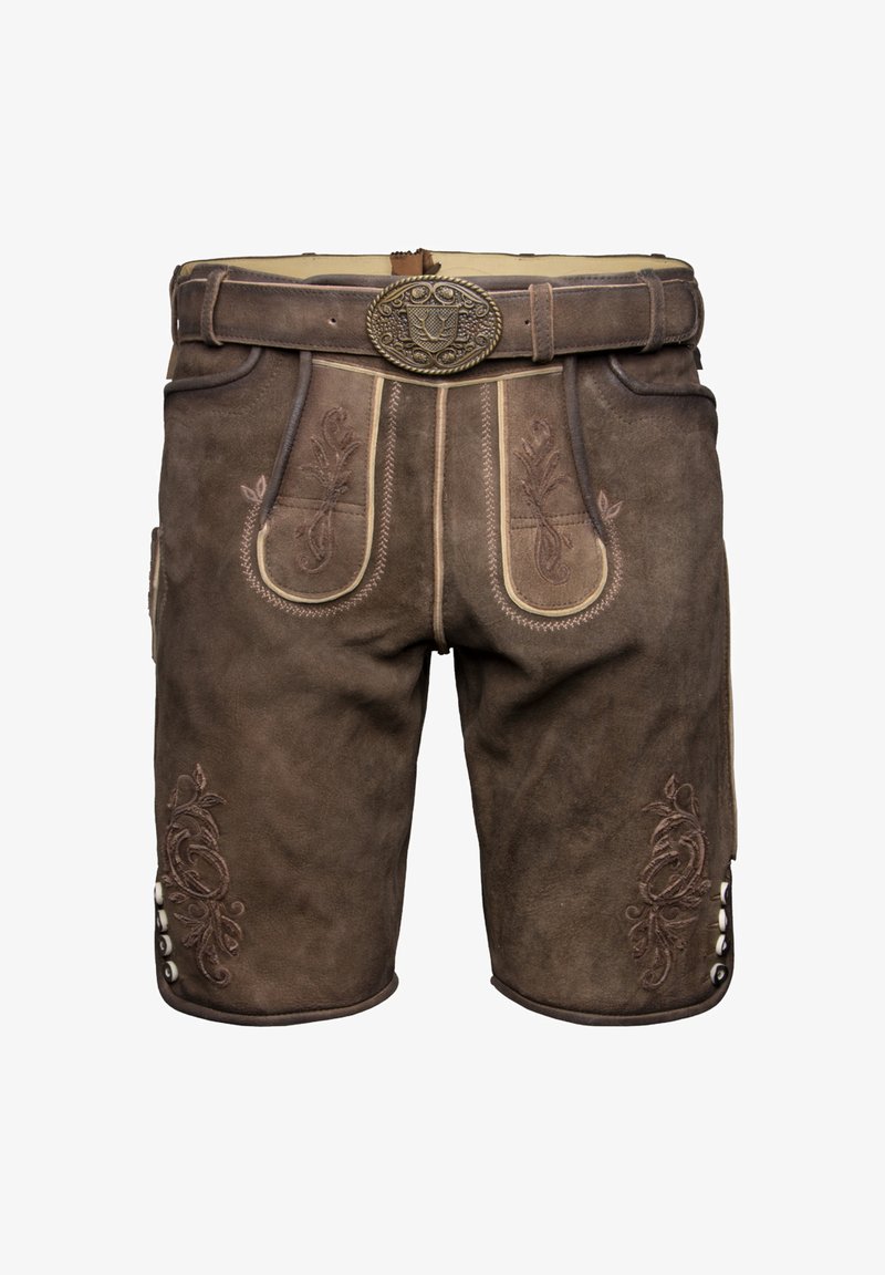 Braune Lederhosen mit dekorativer Blumenstickerei, kontrastierenden Nähten und einer metallischen Gürtelschnalle. Verfügt über seitliche Knöpfe und Taschen.