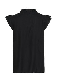 Black short-sleeve top with a ruffled neckline and a relaxed fit. Smooth texture; features no patterns or visible hardware.