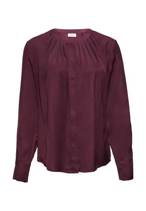 Bordeaux blouse met lange mouwen, ronde halslijn, geplooide voorkant en gladde, zijdezachte textuur. Voorzien van knoopmanchetten en een ontspannen pasvorm.