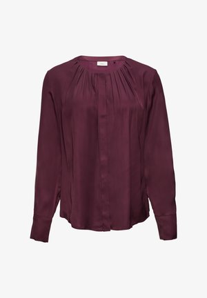 Bordeaux blouse met lange mouwen, ronde halslijn, geplooide voorkant en gladde, zijdezachte textuur. Voorzien van knoopmanchetten en een ontspannen pasvorm.