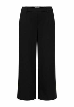 Pantalon noir à jambes larges avec passants pour ceinture et poches frontales, conçu pour une coupe décontractée et un port formel ou décontracté.