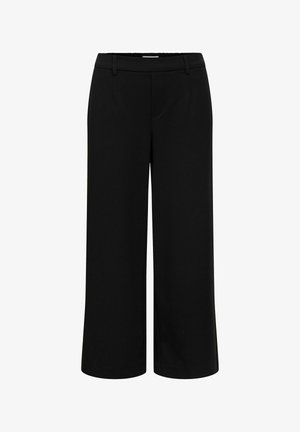 Pantalon noir à jambes larges avec passants pour ceinture et poches frontales, conçu pour une coupe décontractée et un port formel ou décontracté.