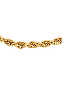Chaîne en corde torsadée dorée avec une surface brillante, composée de maillons entrelacés et d'une texture lisse et polie.