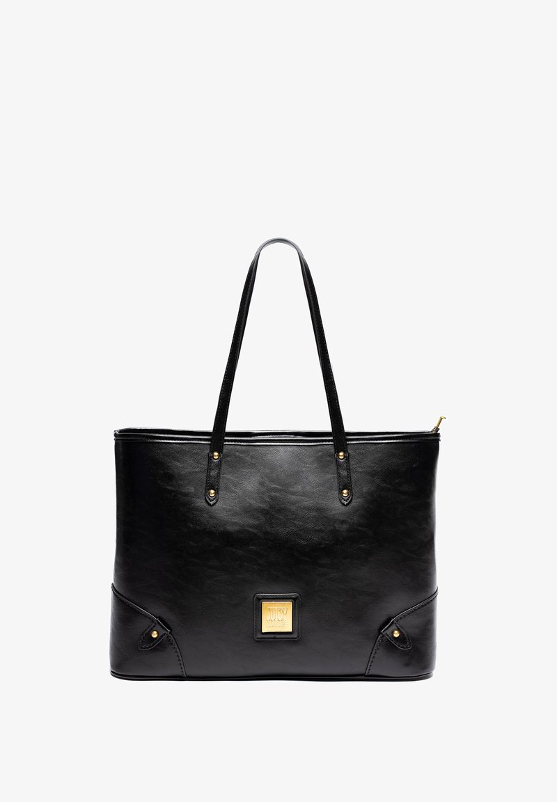 Borsa tote nera in ecopelle con due manici, dettagli in hardware dorato, logo quadrato e distintive aperture agli angoli.