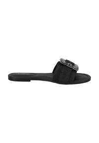 Sandales à glisser noires avec un dessus en tissu tissé texturé et un détail de boucle métallique décoratif sur la sangle. Semelle plate pour un port facile.