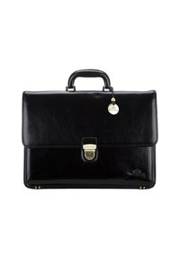 Czarna skórzana teczka o gładkim wykończeniu, wyposażona w górne uchwyty, metalowy zatrzask oraz złotą plakietkę z logo. Prostokątny kształt i usztywniona konstrukcja.