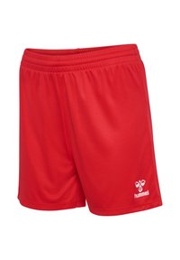 Röda sportshorts i lättviktstyg med elastisk midja, en slät yta och en liten vit logotyp på nedre vänstra sidan.