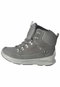 Grijze wandelschoenen met een bovenwerk van suede en textuur, lusvormige veters, metalen oogjes en een gevoerde zool voor comfort en ondersteuning.
