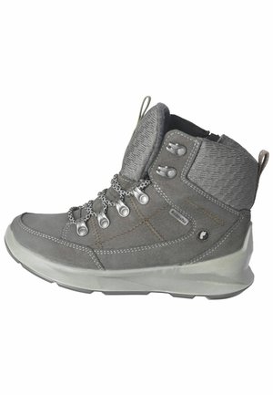 Stivali da escursionismo grigi con una tomaia in suede e texture, lacci ad anello, occhielli in metallo e una suola imbottita per comfort e supporto.