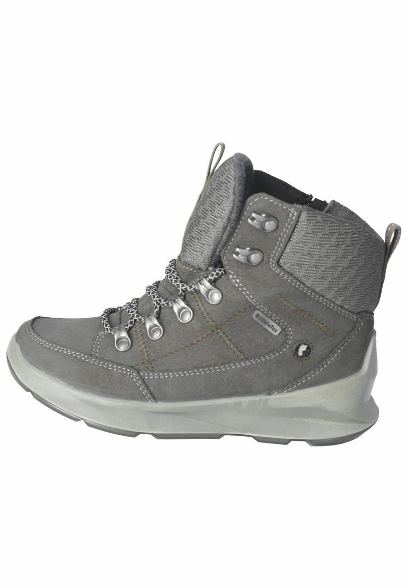 Grijze wandelschoenen met een bovenwerk van suede en textuur, lusvormige veters, metalen oogjes en een gevoerde zool voor comfort en ondersteuning.
