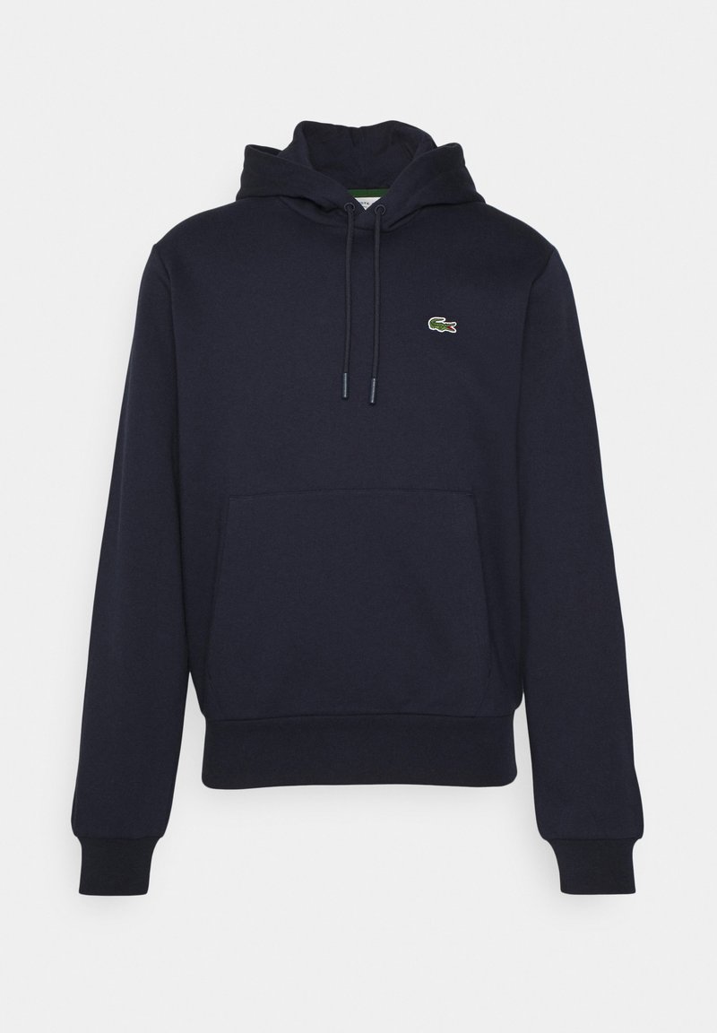 Felpa con cappuccio blu navy in misto cotone, dotata di tasca a marsupio, cappuccio con cordino e un piccolo logo ricamato sul petto.