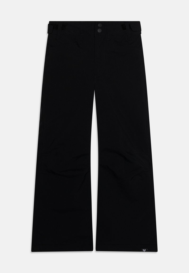 Pantalons larges noirs en tissu doux, avec un bouton et une fermeture éclair, des poches avant, et un branding subtil près de l'ourlet.