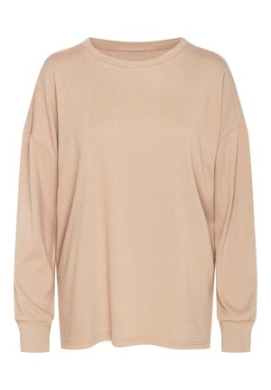 Long-sleeve, crew-neck shirt in light beige. Soft, smooth fabric with loose fit and slightly dropped shoulders. Ribbed cuffs at sleeves.