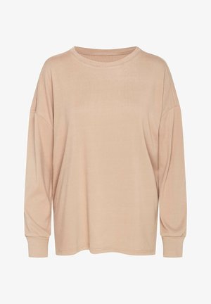 Langärmliges, Rundhals-Shirt in hellem Beige. Weicher, glatter Stoff mit lockerer Passform und leicht abgesenkten Schultern. Gerippte Bündchen an den Ärmeln.