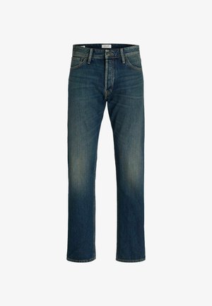 Herren Straight-Leg-Dunkelblaue Jeans mit Verblassung an den Oberschenkeln, Fünf-Taschen-Design, Knopfverschluss und Gürtelschlaufen.