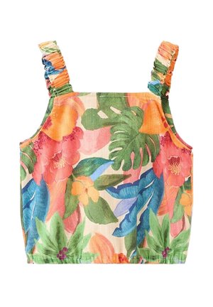 Top bez rukávov s širokými nariasenými ramienkami s farebným tropickým kvetinovým vzorom v zelených, oranžových, ružových a modrých tónoch.