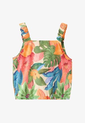 Mouwloos cropped top met brede gerimpelde bandjes, met een kleurrijk tropisch bloemenpatroon in groen, oranje, roze en blauwe tinten.
