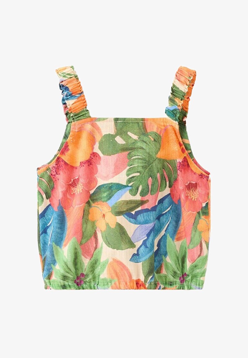 Crop top sans manches avec larges bretelles froncées, avec un motif floral tropical coloré dans des tons verts, orange, rose et bleu.