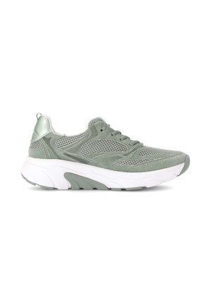 Light green mesh and suede sneaker with white chunky sole, lace-up design, and pull tab on heel, shown from side view.