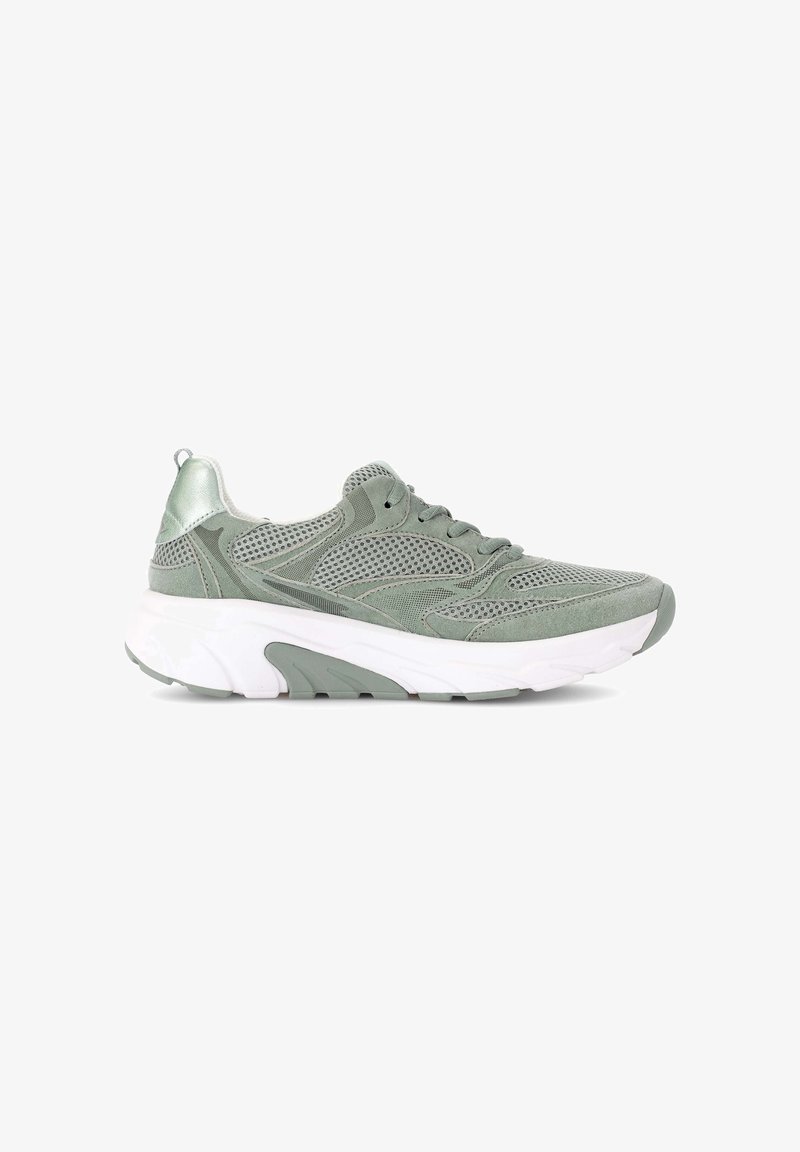 Light green mesh and suede sneaker with white chunky sole, lace-up design, and pull tab on heel, shown from side view.
