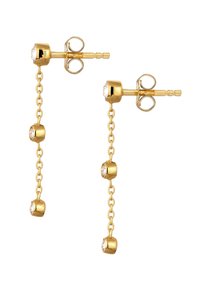 Goldene Ohrhänger mit Tropfenform und Kettendesign, versehen mit drei runden, klaren Kristallen in zylindrischen Akzenten. Glatte, glänzende Oberfläche.