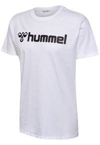 Bijela pamučna majica s okruglim izrezom i kratkim rukavima, s velikim crnim "hummel" logotipom na prsima.