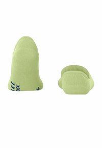 Chaussettes de sport en coton vert avec une texture côtelée. Présentent un texte bleu sur le côté, conçues pour le confort et l'ajustement. Exposées sous plusieurs angles.