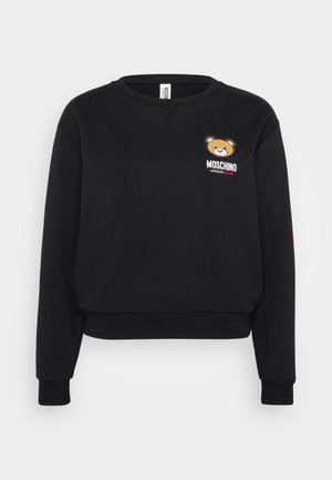 Zwarte sweatshirt met een ronde hals, geribde mouwen en een cropped zoom. Bevat een beerafbeelding en de tekst "MOSCHINO UNDERBEAR" op de borst.