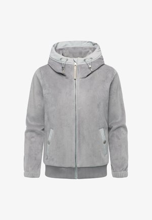 Gray corduroy jacket with a padded hood, front zipper, and side pockets. Features ribbed cuffs and base. Smooth inner lining.