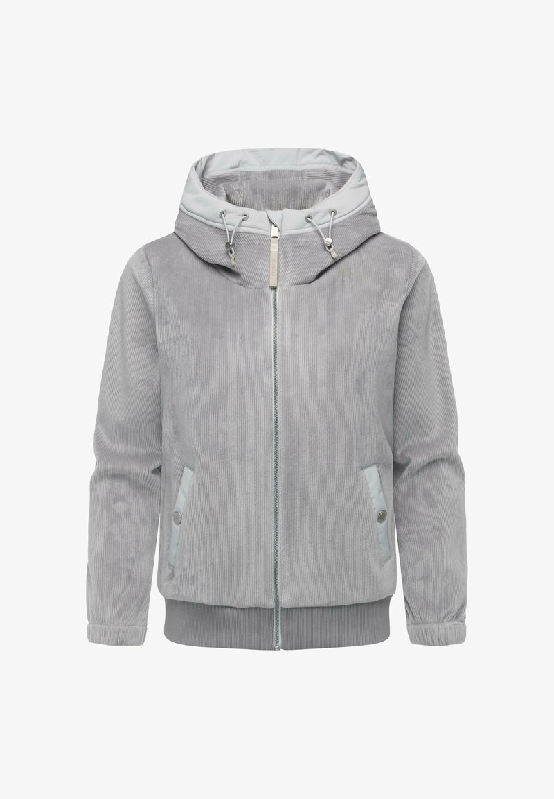 Giacca in velluto grigio con cappuccio imbottito, zip frontale e tasche laterali. Presenta polsini e base a costine. Fodera interna liscia.