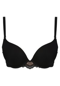 Schwarzer Bügel-BH aus glattem Stoff mit zarter Spitze in der Mitte. Verstellbare Träger; nahtlose Cups für eine elegante Silhouette.