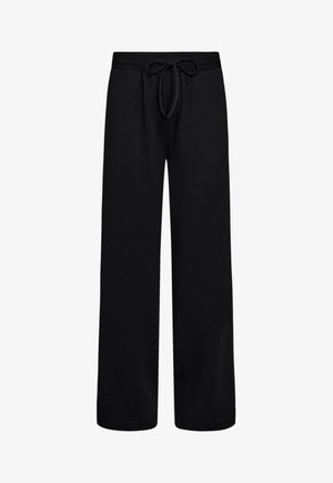 Zwarte sweatpants met een wijd pijpdesign, gemaakt van zacht materiaal. Voorzien van een elastische tailleband met een trekkoord voor een verstelbare pasvorm.