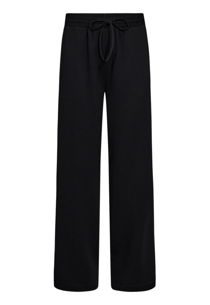 Zwarte sweatpants met een wijd pijpdesign, gemaakt van zacht materiaal. Voorzien van een elastische tailleband met een trekkoord voor een verstelbare pasvorm.