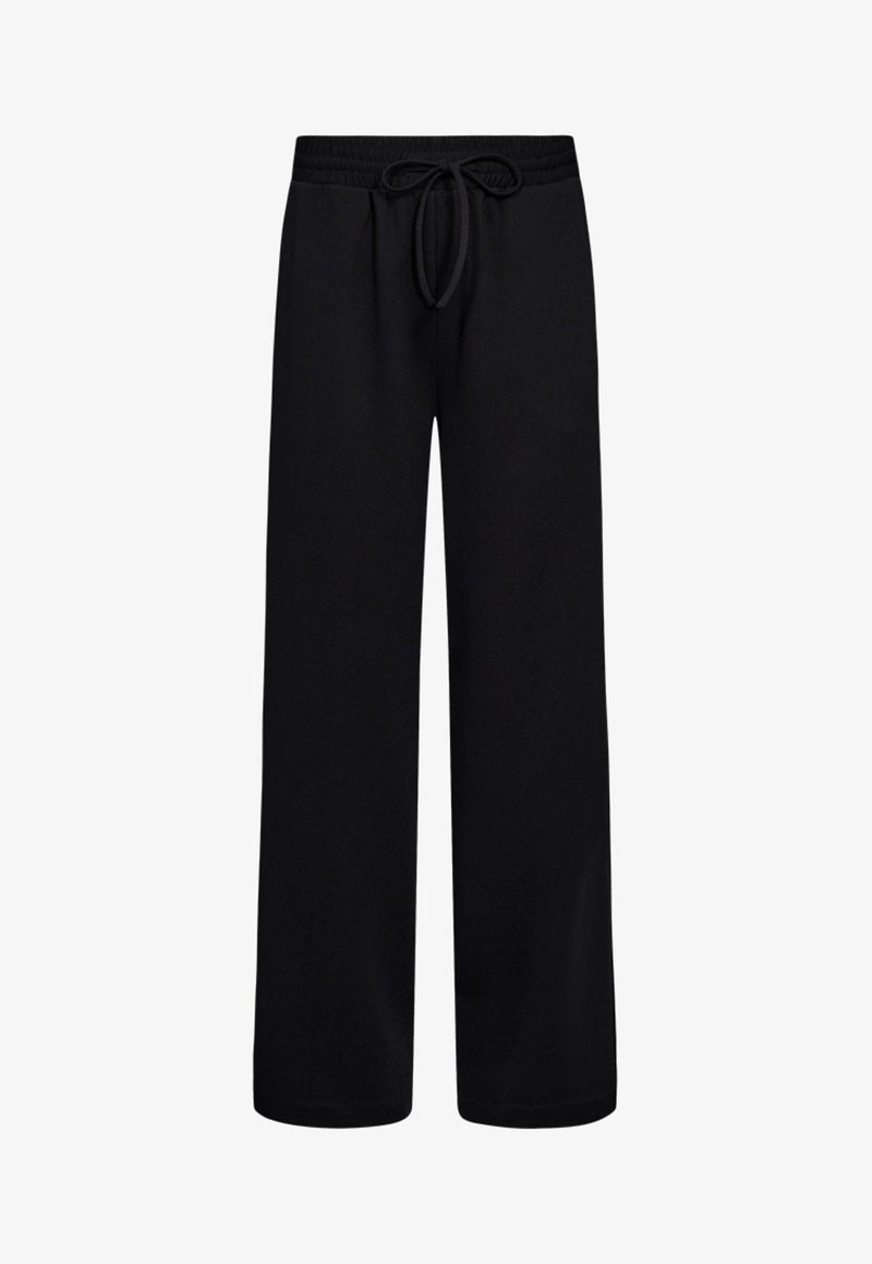 Zwarte sweatpants met een wijd pijpdesign, gemaakt van zacht materiaal. Voorzien van een elastische tailleband met een trekkoord voor een verstelbare pasvorm.
