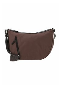 Bruine nylon schoudertas met een gebogen vorm, voorzien van een bovenste ritsluiting en een zijvak met rits. Inclusief verstelbare schouderband.