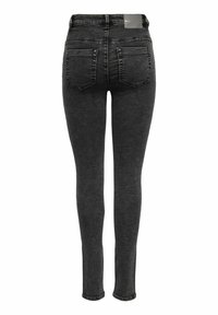 Tight jeans i mörkgrå denim. Har hög midja, fem fickor och synlig sömnad längs sömmarna. Slät textur.