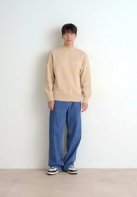 Felpa beige con polsini a coste, abbinata a jeans in denim blu dal taglio morbido. Le scarpe sono nere e bianche. Design semplice, senza motivi.